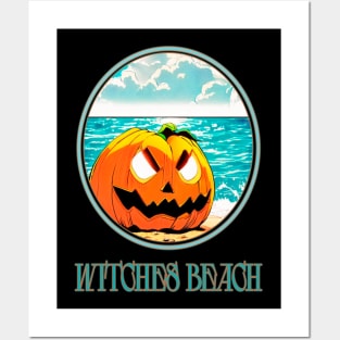 aggressive laughing halloween pumpkin on the beach with a tan on the bloody witches beach Posters and Art